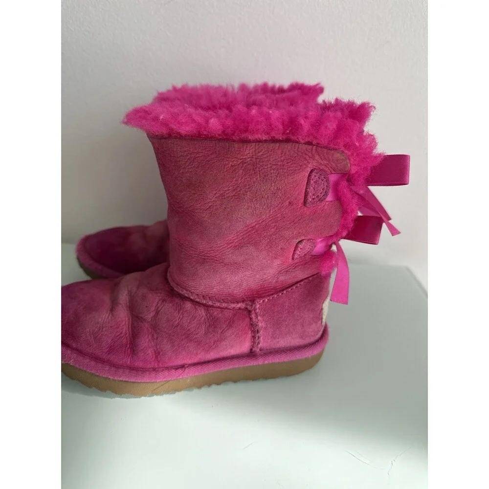 ✿ UGG Kids Pink Suede Shearling Bow Back Boots Winter Warm Girls Size 12 USA
